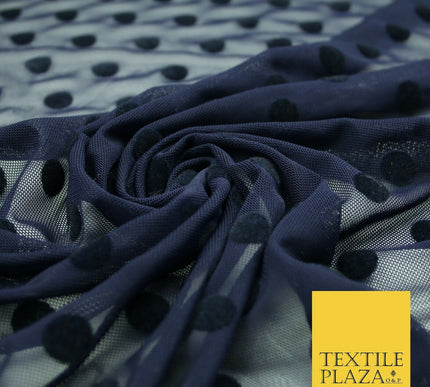 Black / Navy Blue 1cm Flocked Spot Polka Dot Power Mesh Net Stretch Dress Fabric