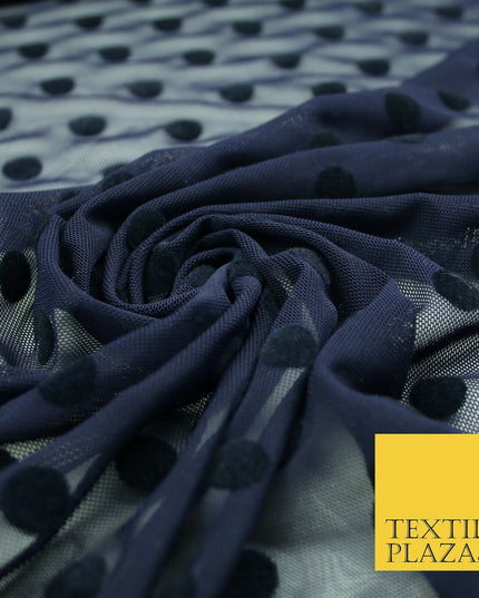 Black / Navy Blue 1cm Flocked Spot Polka Dot Power Mesh Net Stretch Dress Fabric