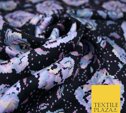 Floral Garden Digital Pixels Artsy Flowers Silky Smooth Satin Dress Fabric