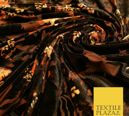 Dark Navy Blue Brown Floral Pansy Shadows Velvet Devore Burnout Net Fabric