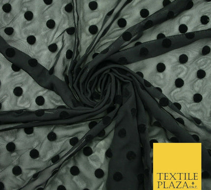 Black / Navy Blue 1cm Flocked Spot Polka Dot Power Mesh Net Stretch Dress Fabric