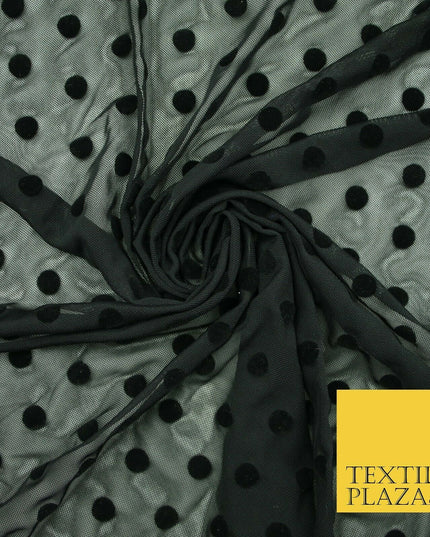 Black / Navy Blue 1cm Flocked Spot Polka Dot Power Mesh Net Stretch Dress Fabric