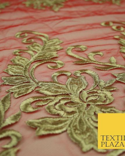 Gold Waves Motifs Embroidery Scalloped Mesh Net Wedding Dress Fabric Fashion
