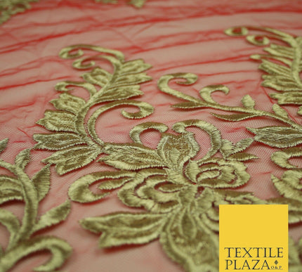 Gold Waves Motifs Embroidery Scalloped Mesh Net Wedding Dress Fabric Fashion