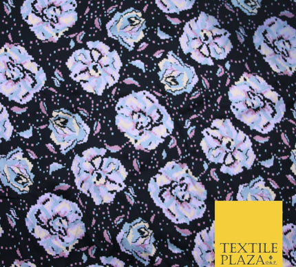 Floral Garden Digital Pixels Artsy Flowers Silky Smooth Satin Dress Fabric