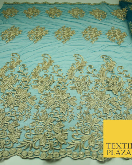 Gold Waves Motifs Embroidery Scalloped Mesh Net Wedding Dress Fabric Fashion