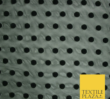 Black / Navy Blue 1cm Flocked Spot Polka Dot Power Mesh Net Stretch Dress Fabric
