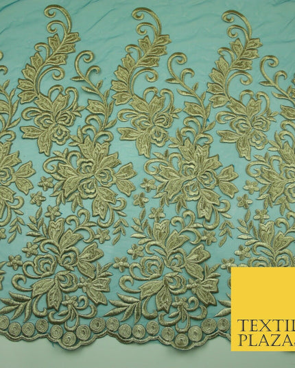 Gold Waves Motifs Embroidery Scalloped Mesh Net Wedding Dress Fabric Fashion