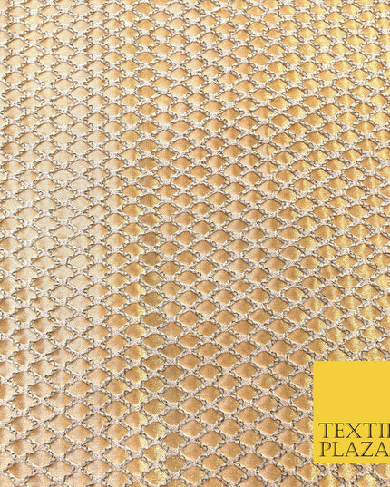 WHITE & GOLD Satin Bonded Large Hexagon Lace Dancewear Dress Fabric 1245