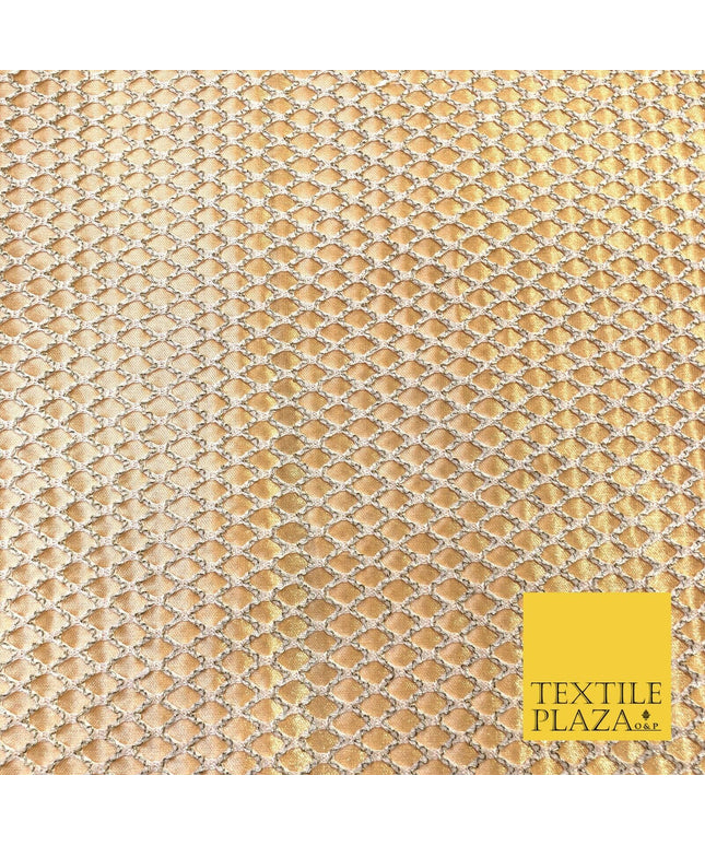 WHITE & GOLD Satin Bonded Large Hexagon Lace Dancewear Dress Fabric 1245