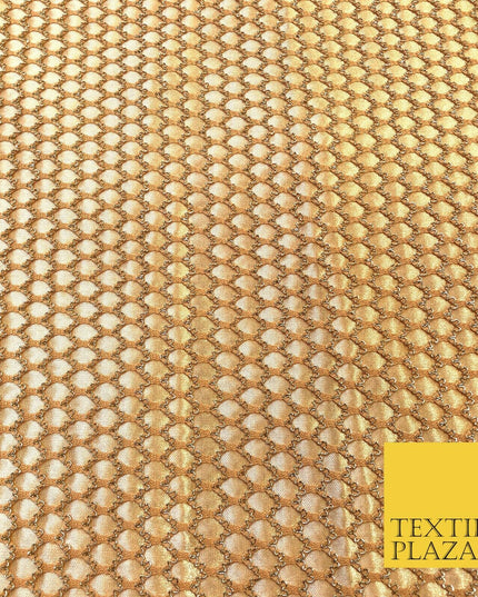 NUDE & GOLD Satin Bonded Large Hexagon Lace Dancewear Dress Fabric 1246