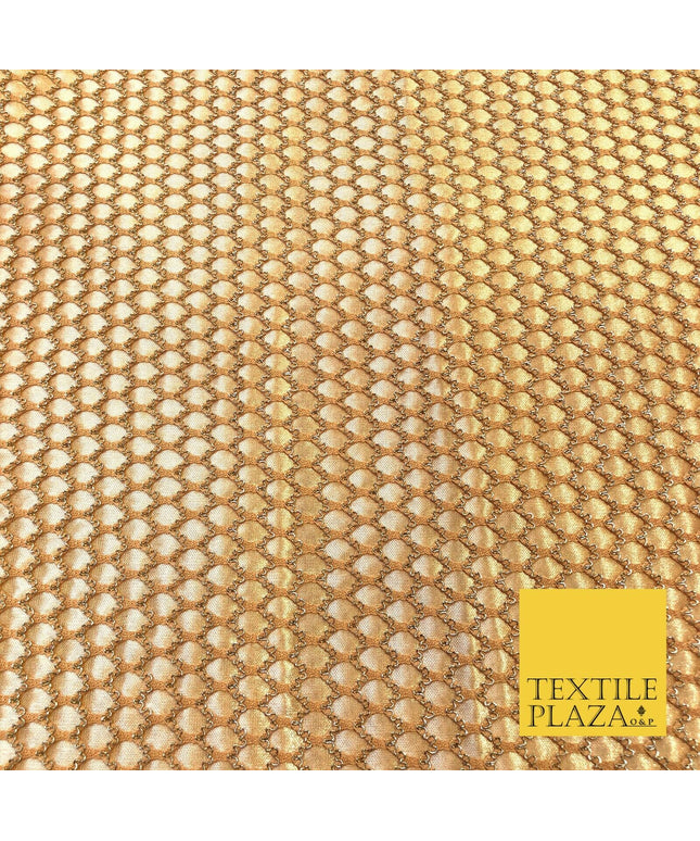 NUDE & GOLD Satin Bonded Large Hexagon Lace Dancewear Dress Fabric 1246