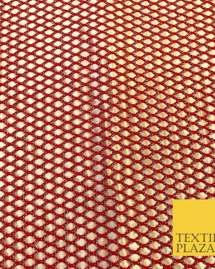 RED & GOLD Satin Bonded Large Hexagon Lace Dancewear Dress Fabric 1247