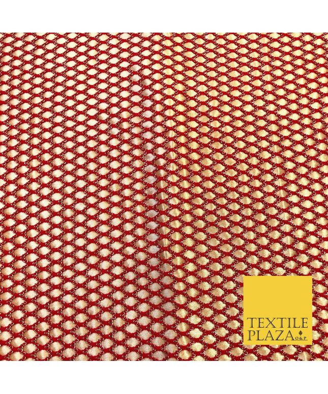 RED & GOLD Satin Bonded Large Hexagon Lace Dancewear Dress Fabric 1247