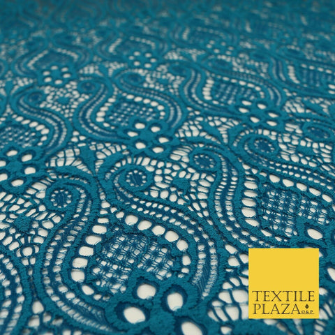 Teal Two Tone Ornate Webbed Vase Damask Lace Stretch Fabric Dress 1706
