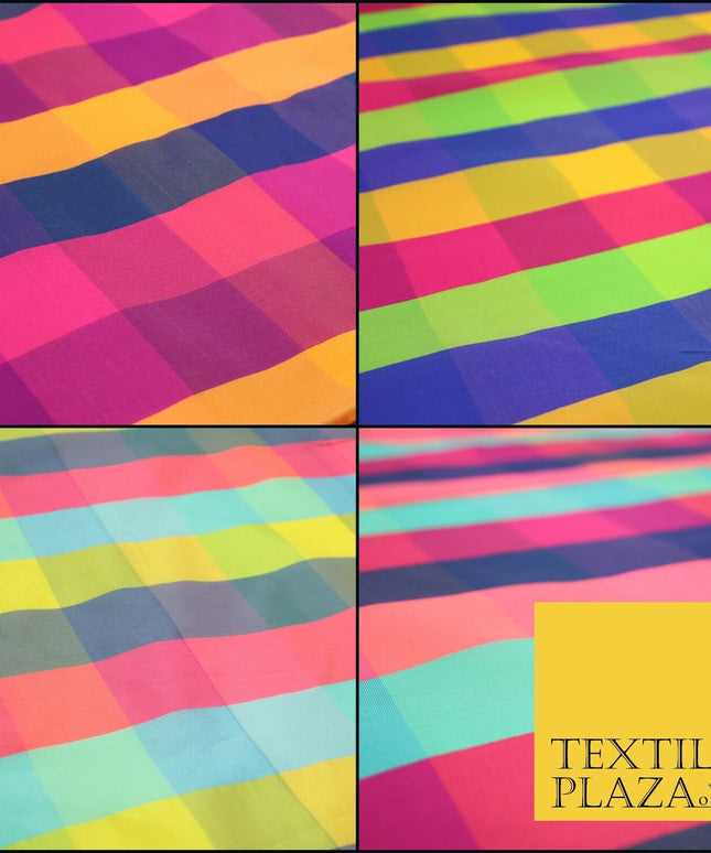 High Quality Bright Vibrant 4 Colour Check Faux Taffeta India Silk Dress Fabric