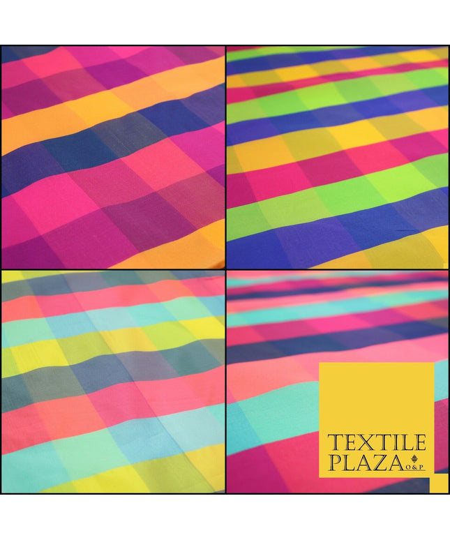 High Quality Bright Vibrant 4 Colour Check Faux Taffeta India Silk Dress Fabric