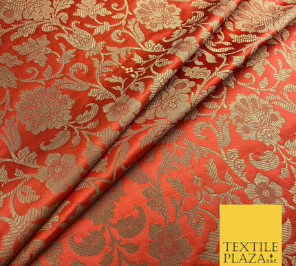 Luxury Rust Orange Indian Ornamental Brocade Banarsi Metallic Faux Silk - LC414