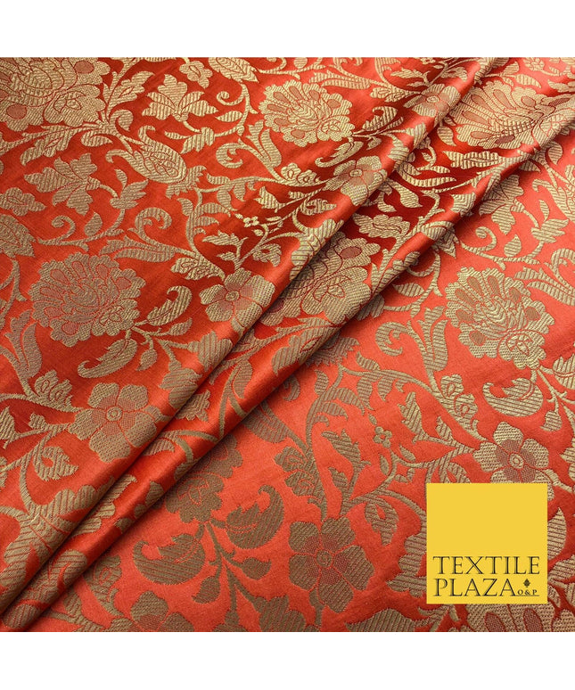 Luxury Rust Orange Indian Ornamental Brocade Banarsi Metallic Faux Silk - LC414