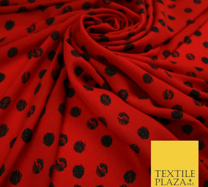Deep Red 1.5cm Black Patterned Spot Polka Dot Textured Crepe Dress Fabric 2129
