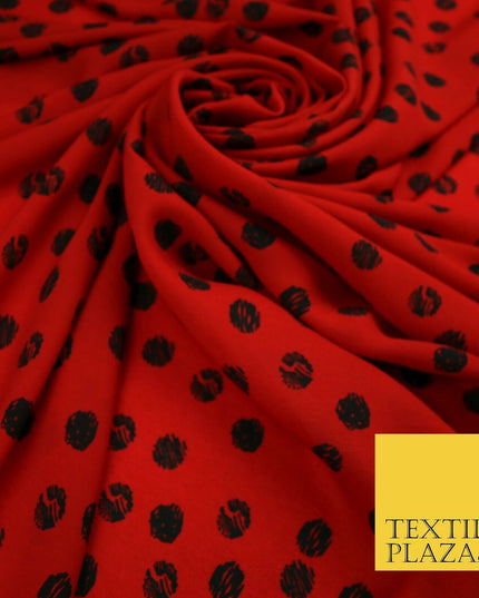 Deep Red 1.5cm Black Patterned Spot Polka Dot Textured Crepe Dress Fabric 2129