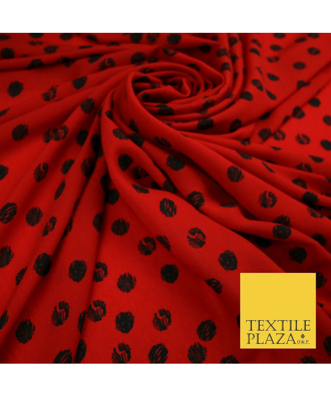 Deep Red 1.5cm Black Patterned Spot Polka Dot Textured Crepe Dress Fabric 2129