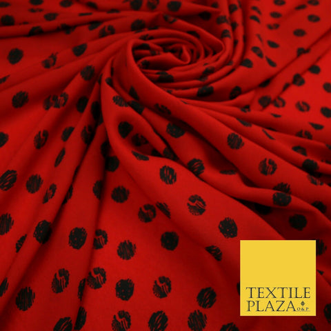 Deep Red 1.5cm Black Patterned Spot Polka Dot Textured Crepe Dress Fabric 2129