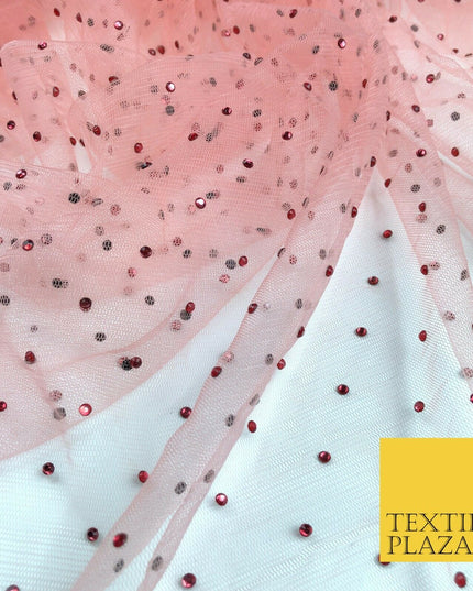 LIGHT SALMON PINK Diamonte Multi Stone MeshNet Fabric BridalSheer CraftDress1441