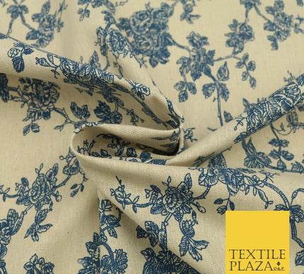 Blue Cream Floral POLYCOTTON CANVAS Dress Fabric Craft Bags 60" Wide 1645