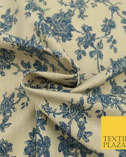Blue Cream Floral POLYCOTTON CANVAS Dress Fabric Craft Bags 60" Wide 1645