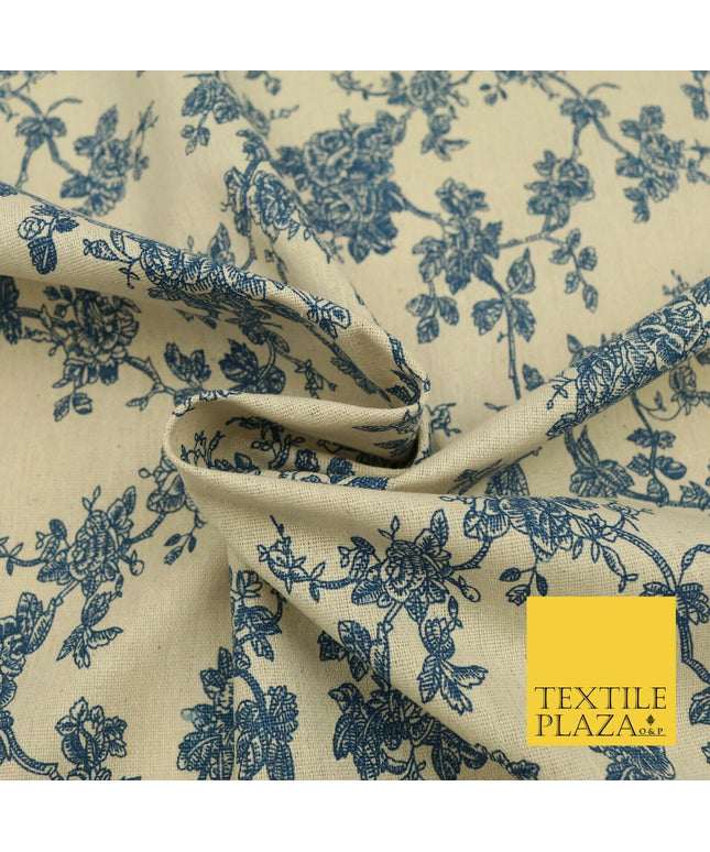 Blue Cream Floral POLYCOTTON CANVAS Dress Fabric Craft Bags 60" Wide 1645