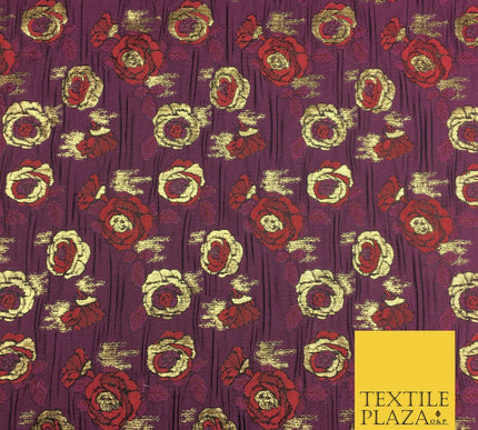 PLUM Two Tone Floral Metallic Rose Creased Brocade Jacquard Dress Fabric 1374