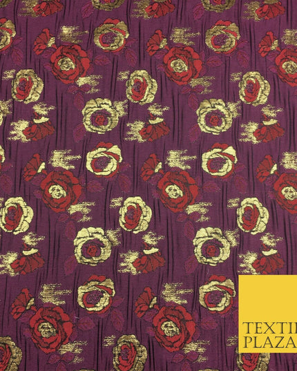 PLUM Two Tone Floral Metallic Rose Creased Brocade Jacquard Dress Fabric 1374