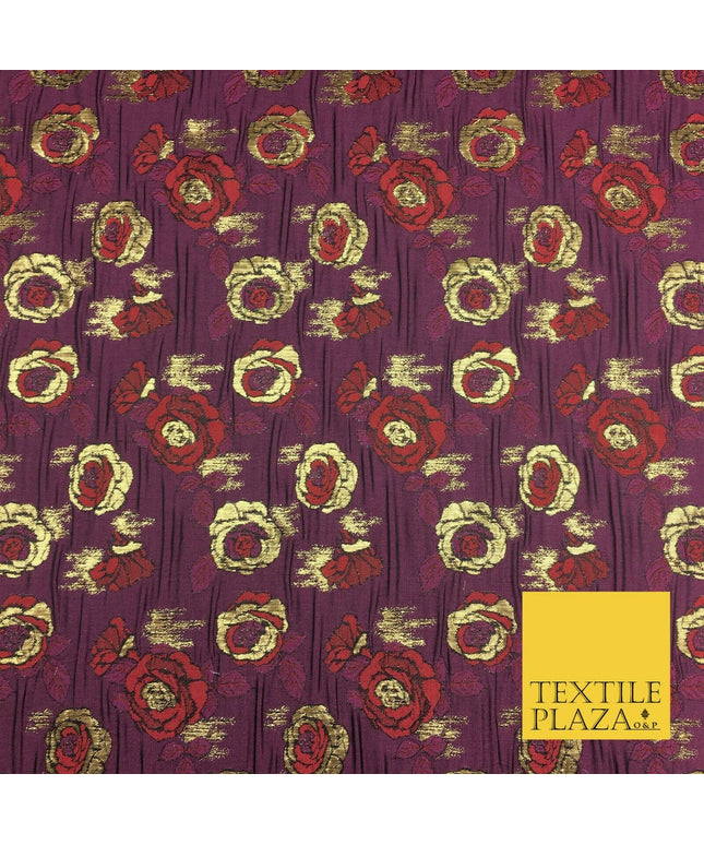PLUM Two Tone Floral Metallic Rose Creased Brocade Jacquard Dress Fabric 1374