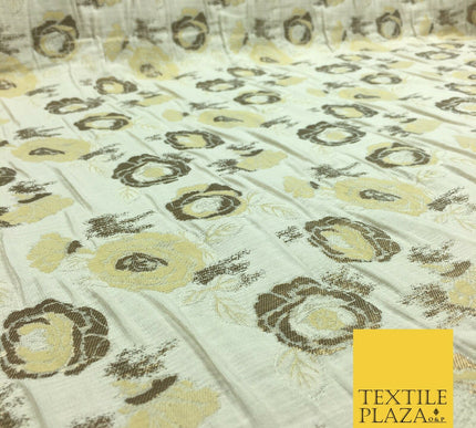 IVORY CREAM Floral Gold Metallic Rose Creased Brocade Jacquard Dress Fabric 1375