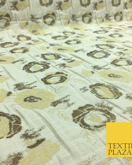 IVORY CREAM Floral Gold Metallic Rose Creased Brocade Jacquard Dress Fabric 1375