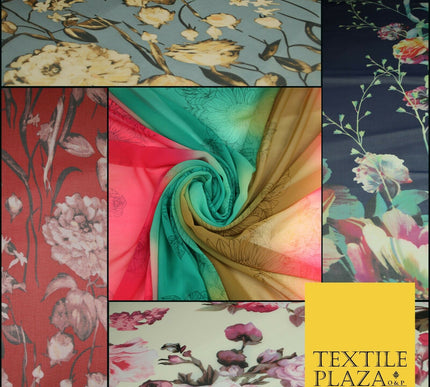 Premium Vintage Floral Flower Shaded Multicolour Printed Georgette Dress Fabric