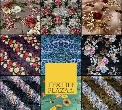 Various Floral Stripe Optical Blossom Printed Soft Stretch Velvet Dress Fabric