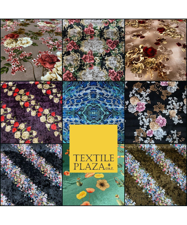 Various Floral Stripe Optical Blossom Printed Soft Stretch Velvet Dress Fabric