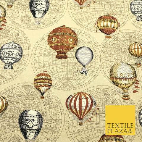 STONE BEIGE Vintage Hot Air Balloons 100% COTTON CANVAS Fabric Craft Bags 1642