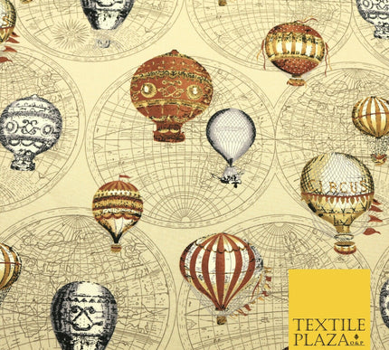 STONE BEIGE Vintage Hot Air Balloons 100% COTTON CANVAS Fabric Craft Bags 1642