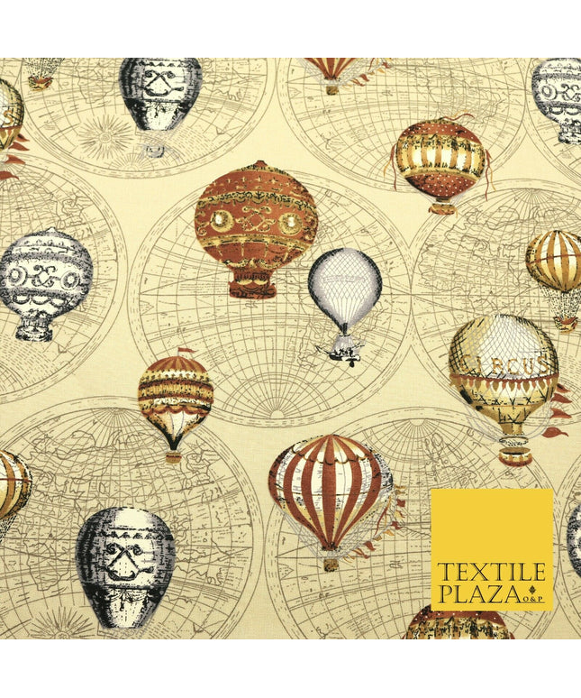 STONE BEIGE Vintage Hot Air Balloons 100% COTTON CANVAS Fabric Craft Bags 1642