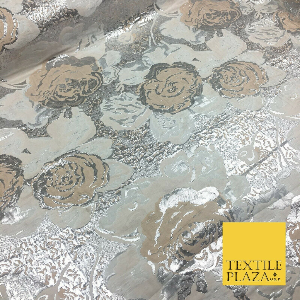 IVORY SILVER Luxury Floral Metallic Rose Brocade Dress Fabric Fancy 1372
