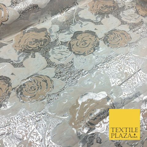 IVORY SILVER Luxury Floral Metallic Rose Brocade Dress Fabric Fancy 1372