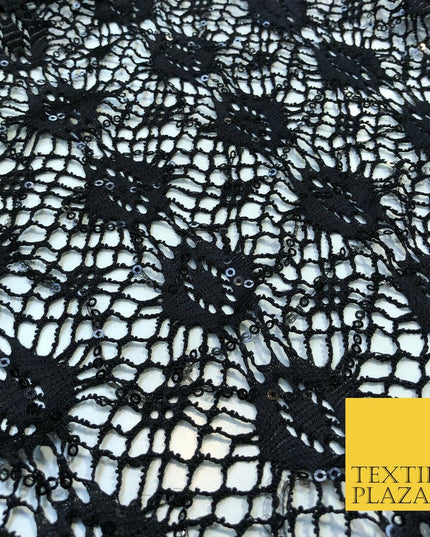 BLACK Webbed Sequin Lace Dress Fabric Fancy Craft Dance Sparkle 1239