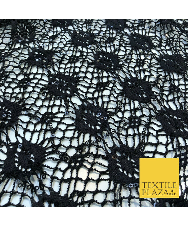 BLACK Webbed Sequin Lace Dress Fabric Fancy Craft Dance Sparkle 1239