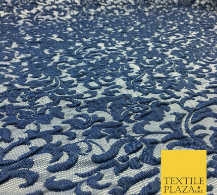 NAVY BLUE Ornate Floral 3D Bubble Brocade Dress Fabric Metallic Fancy 1363