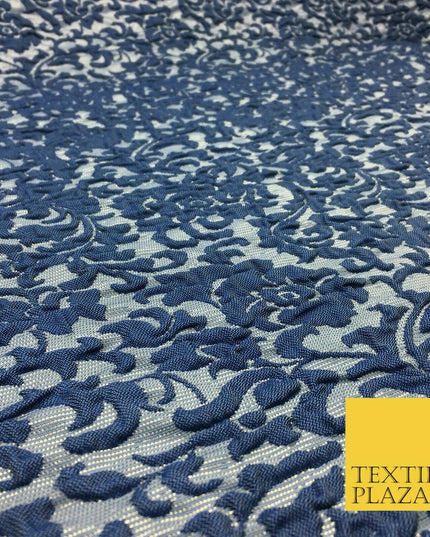 NAVY BLUE Ornate Floral 3D Bubble Brocade Dress Fabric Metallic Fancy 1363