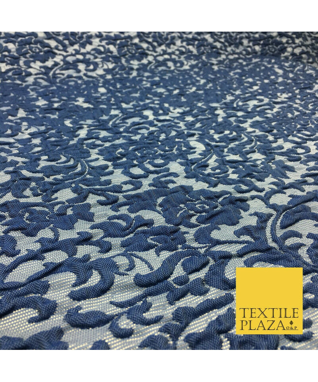 NAVY BLUE Ornate Floral 3D Bubble Brocade Dress Fabric Metallic Fancy 1363