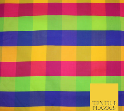 High Quality Bright Vibrant 4 Colour Check Faux Taffeta India Silk Dress Fabric